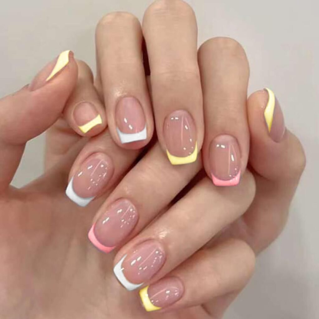 CUZIAM Pastel Rainbow French Tip Press on Nails
