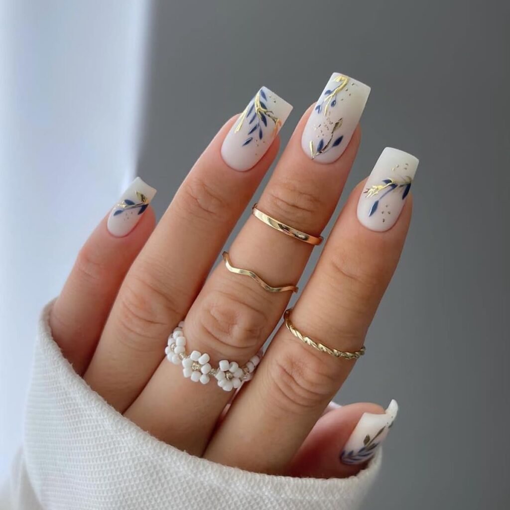 Gold Blue Leaves Press on Nails