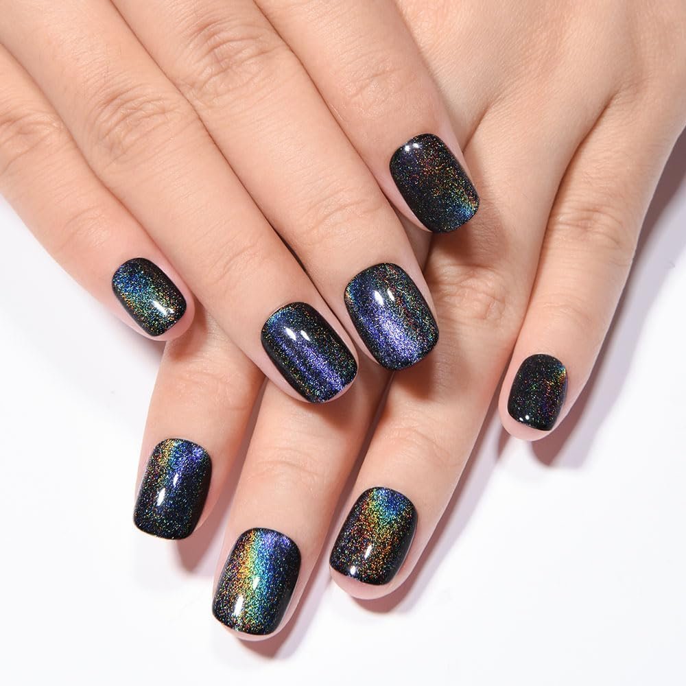 evpct Black Chrome Cat Eye Short Press on Nails